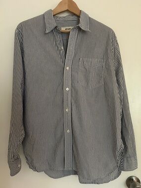 Buck Mason Navy and White Vertical Stripe Button-Down Shirt